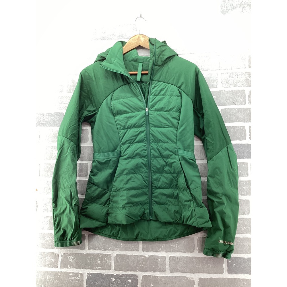 Lululemon Down For It All Jacket Green Hooded Puffer Running Coat Women Size 10